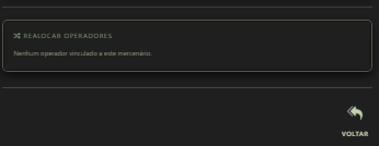 Bloco Realocar operadores com mensagem informando que nenhum operador está vinculado a este mercenário e botão Voltar.